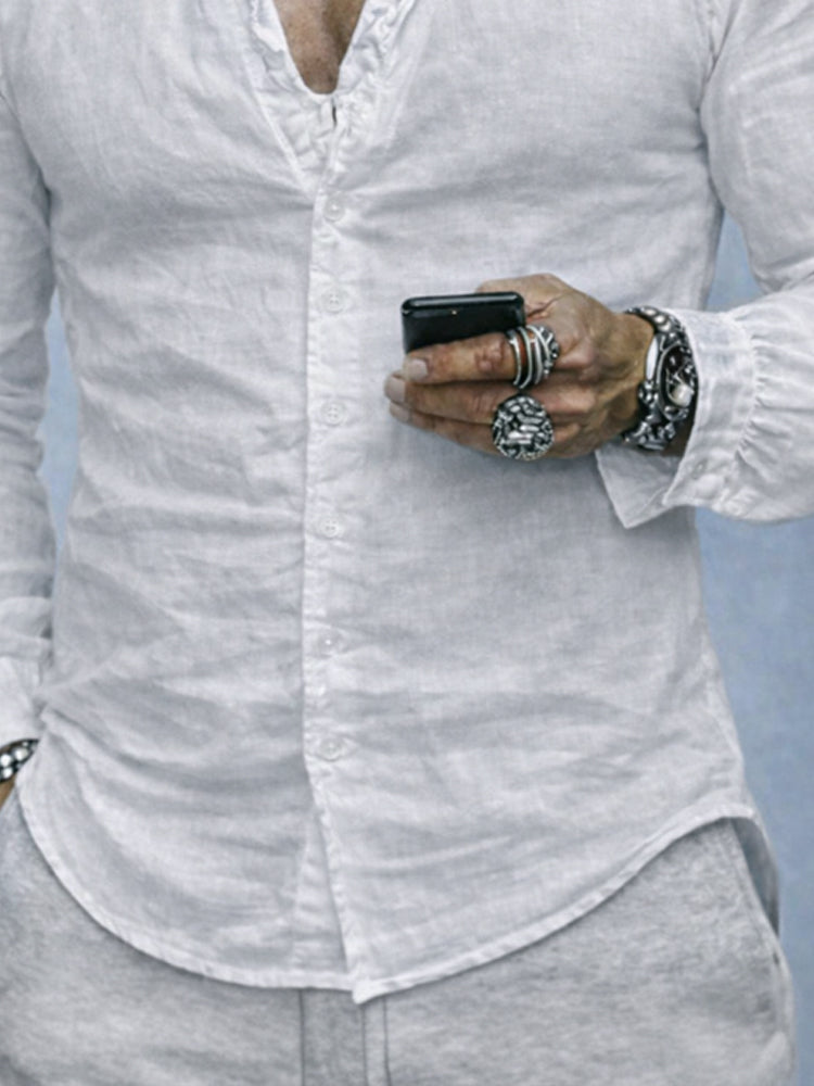 Ruffled Neckline Cotton Long Sleeves Shirt